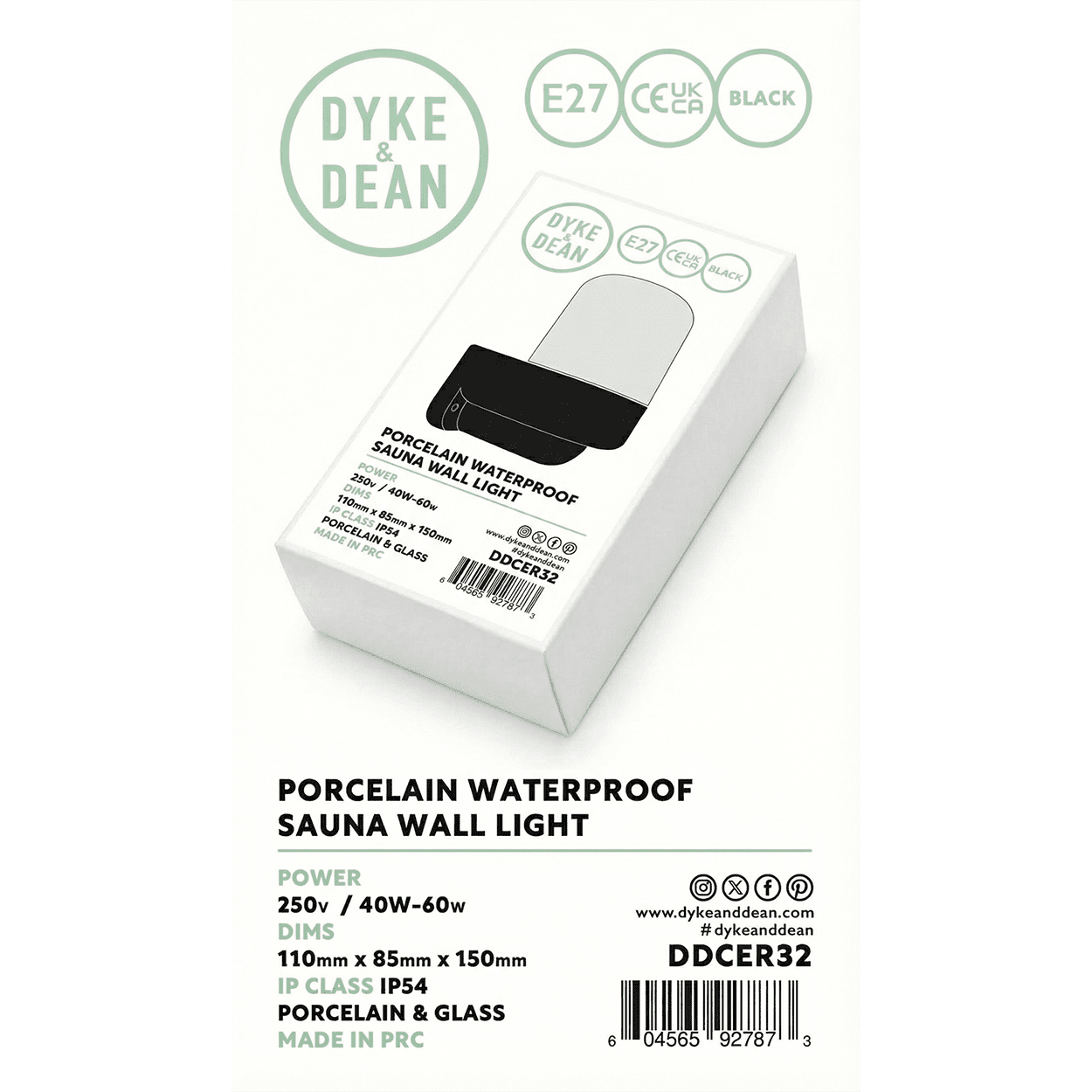 BLACK CLEAR PORCELAIN WATERPROOF SAUNA WALL LIGHT - DYKE & DEAN