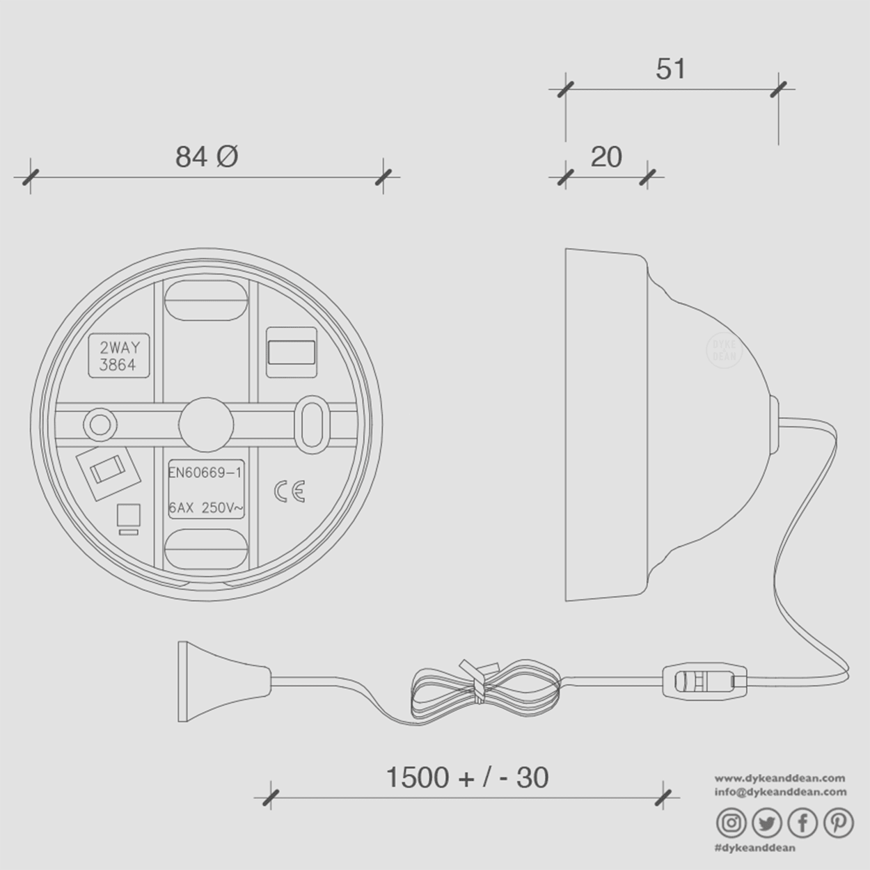 BLACK DOME PULL CORD LIGHT SWITCH - DYKE & DEAN