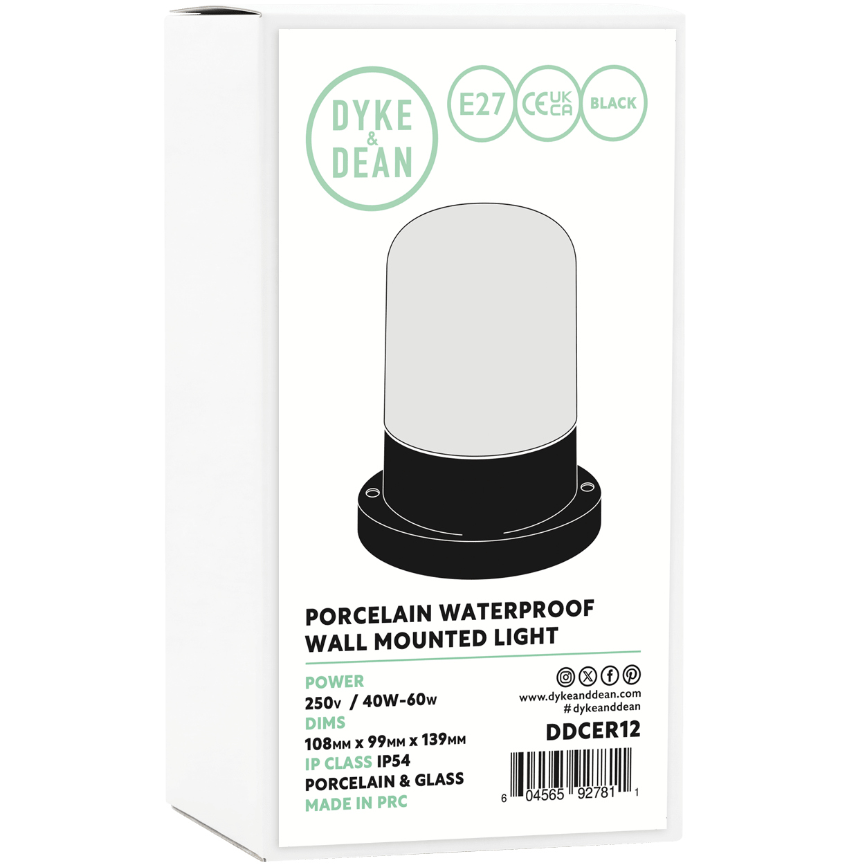 BLACK PORCELAIN CLEAR WATERPROOF WALL LIGHT - DYKE & DEAN