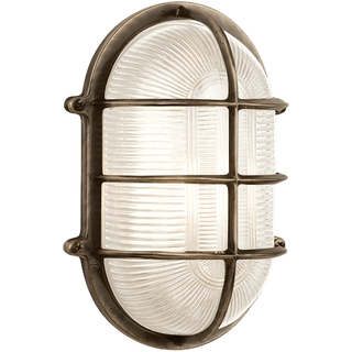 LARGE CAGE OVAL BRUSHED BRASS BULKHEAD LIGHT - DYKE & DEAN