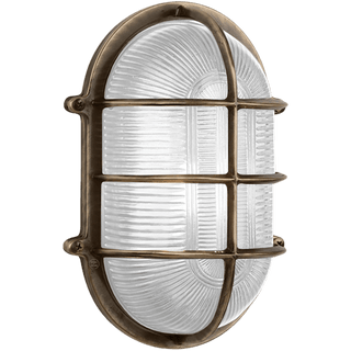 LARGE CAGE OVAL BRUSHED BRASS BULKHEAD LIGHT - DYKE & DEAN