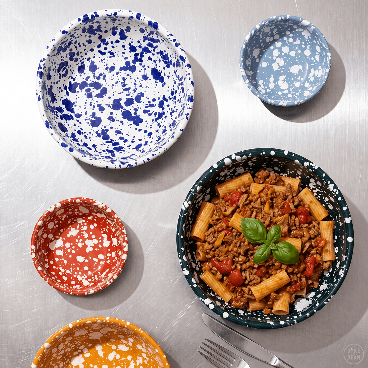LIGHT BLUE & WHITE SMALL SPLATTER ENAMEL BOWL - DYKE & DEAN