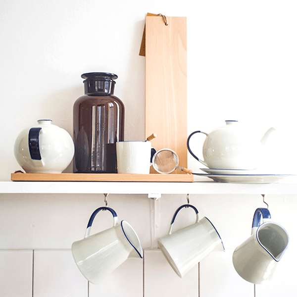 MANSES DESIGN WHITE JUG WITH BLUE RIM OUTLET - DYKE & DEAN