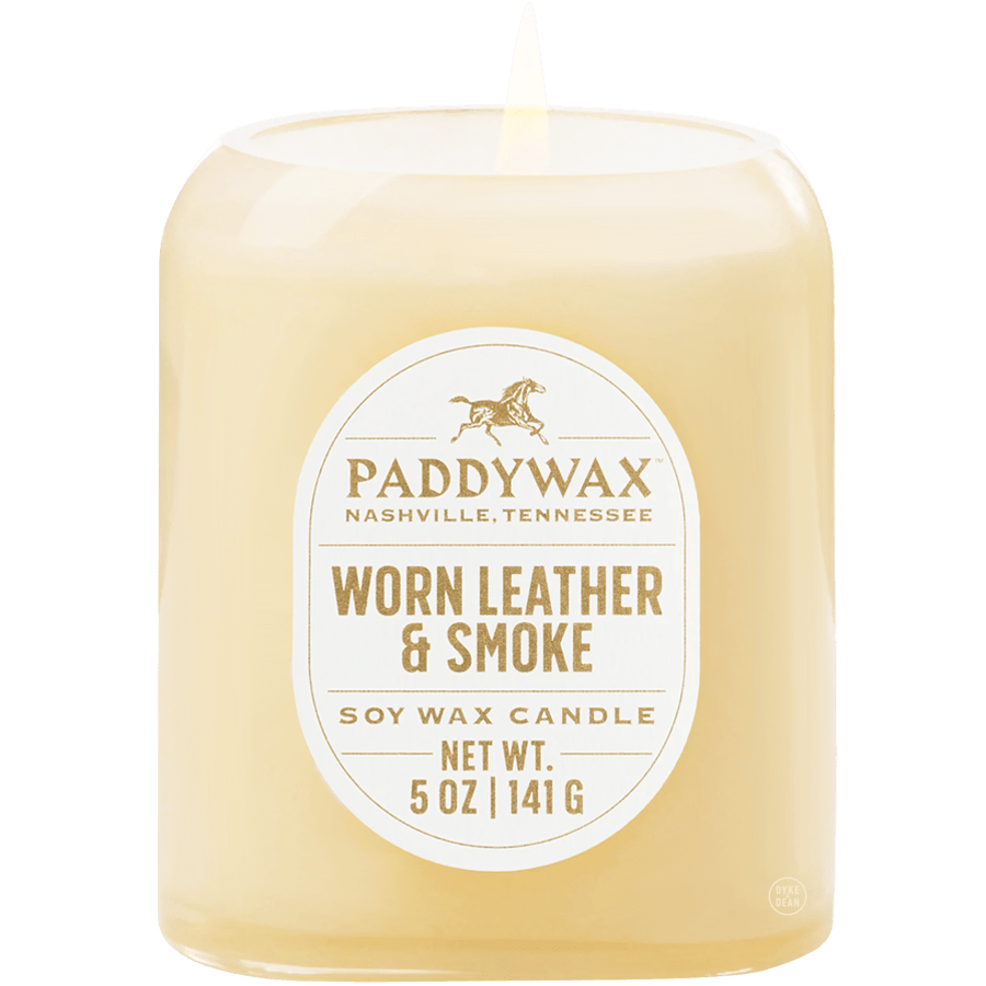 PADDYWAX VISTA TAN GLASS CANDLE WORN LEATHER & SMOKE - DYKE & DEAN