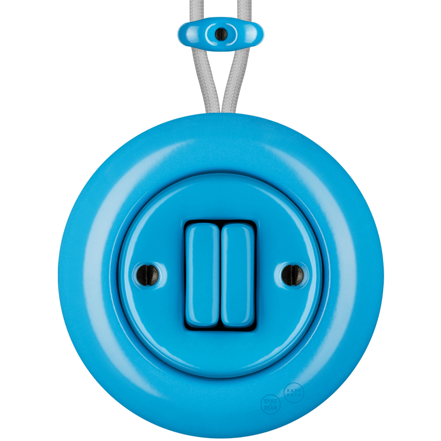PORCELAIN KATY PATY COLONA ROUND SURFACE MOUNTED DOUBLE SLIM BUTTON SWITCH AZURE - DYKE & DEAN