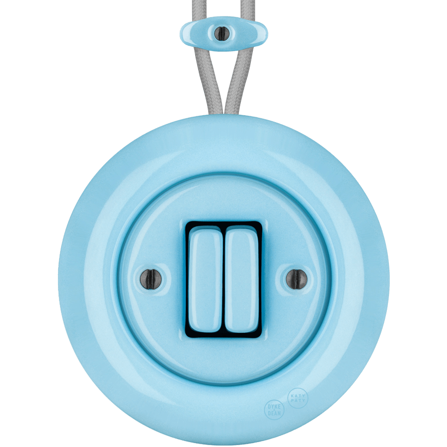 PORCELAIN KATY PATY COLONA ROUND SURFACE MOUNTED DOUBLE SLIM BUTTON SWITCH PASTEL BLUE - DYKE & DEAN