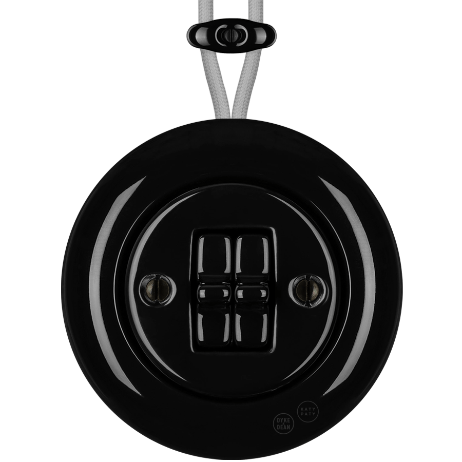 PORCELAIN KATY PATY COLONA ROUND SURFACE MOUNTED DOUBLE TOGGLE BUTTON SWITCH BLACK - DYKE & DEAN