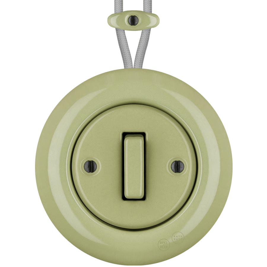 PORCELAIN KATY PATY COLONA ROUND SURFACE MOUNTED SLIM BUTTON SWITCH MOSS GREEN - DYKE & DEAN