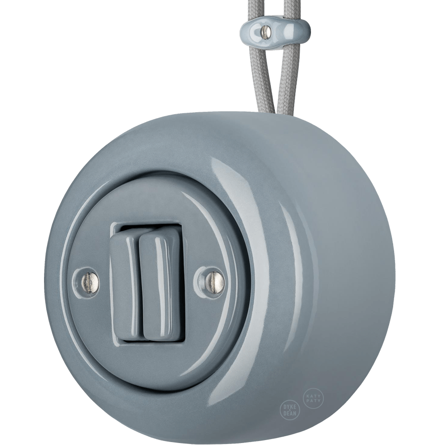 PORCELAIN ROUND SURFACE MOUNTED DOUBLE SLIM BUTTON SWITCH ASH GREY - DYKE & DEAN