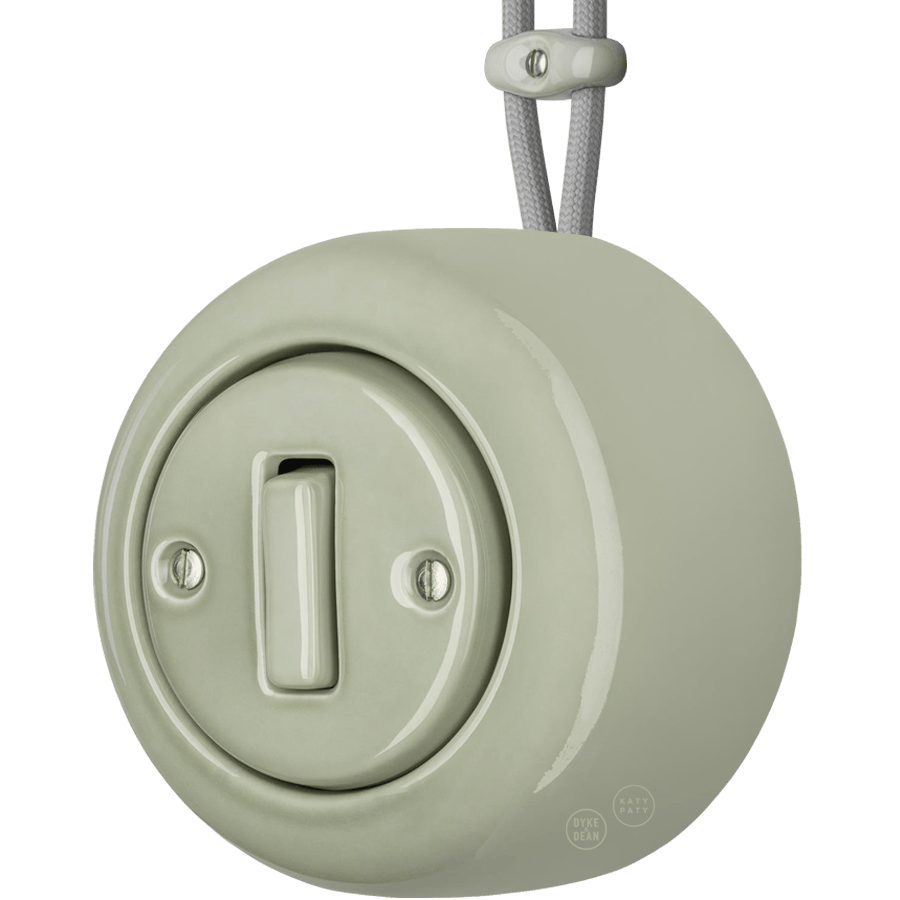 PORCELAIN ROUND SURFACE MOUNTED SLIM BUTTON SWITCH GREY GREEN - DYKE & DEAN