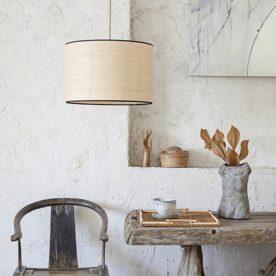 RAFFIA TRIM NATURAL SHADE E27 DRUM BLACK RIM