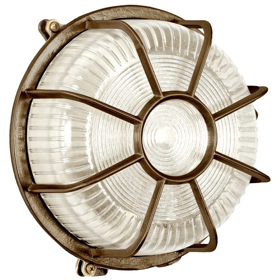 ROUND CAGED BRUSHED BRASS BULKHEAD LAMP - DYKE & DEAN