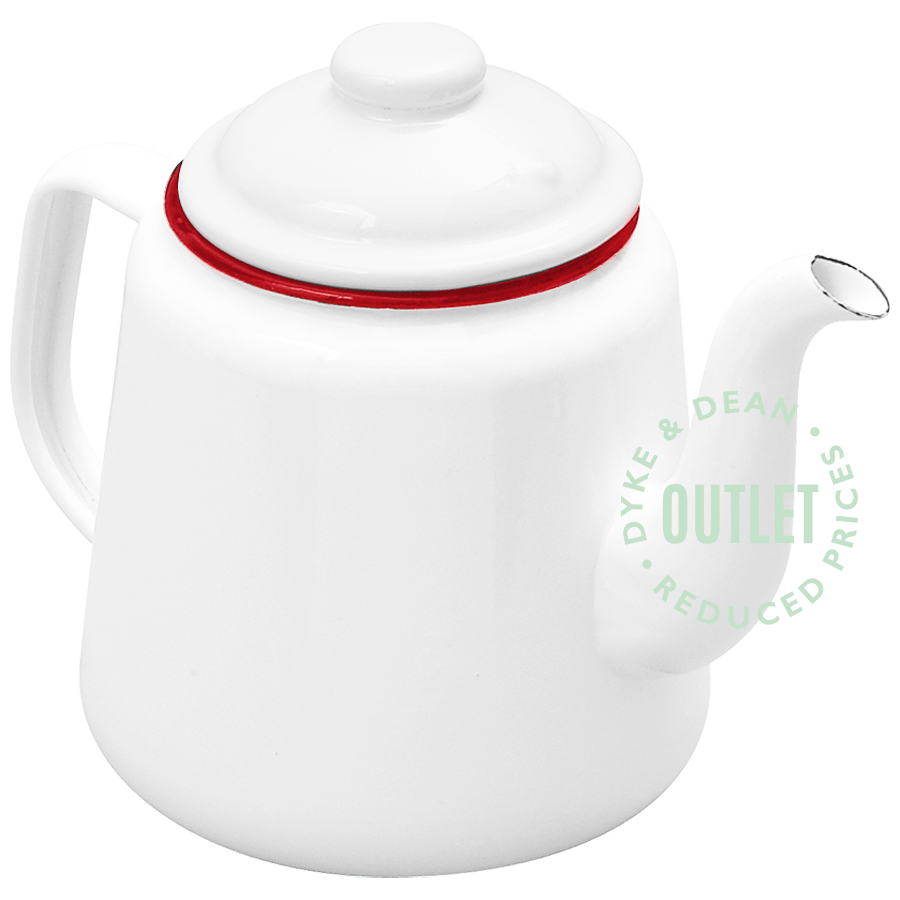 WHITE ENAMEL TEAPOT WITH RED RIM OUTLET - DYKE & DEAN