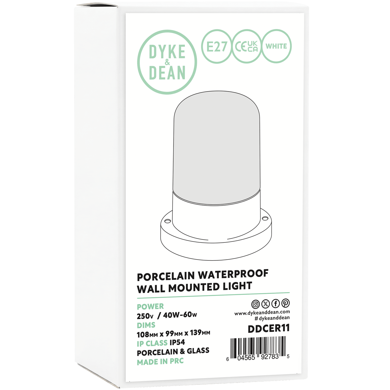 WHITE PORCELAIN FROSTED WATERPROOF WALL LIGHT - DYKE & DEAN