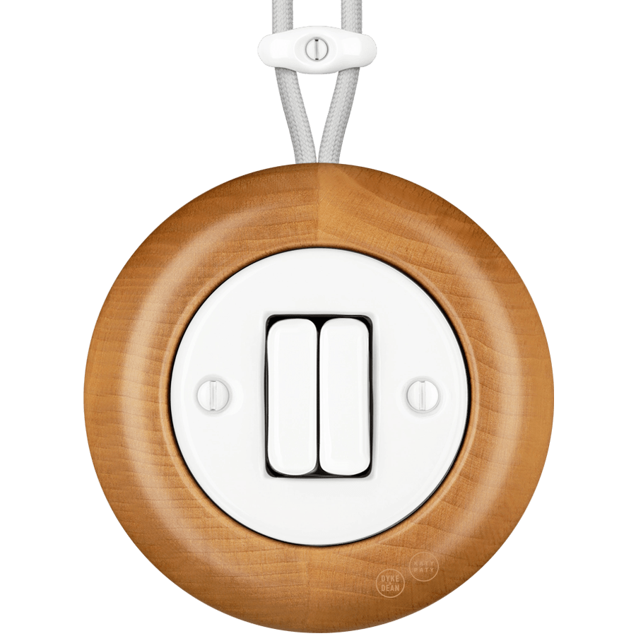 WOODEN PORCELAIN SURFACE MOUNTED FAGUS DOUBLE SLIM BUTTON SWITCH - DYKE & DEAN