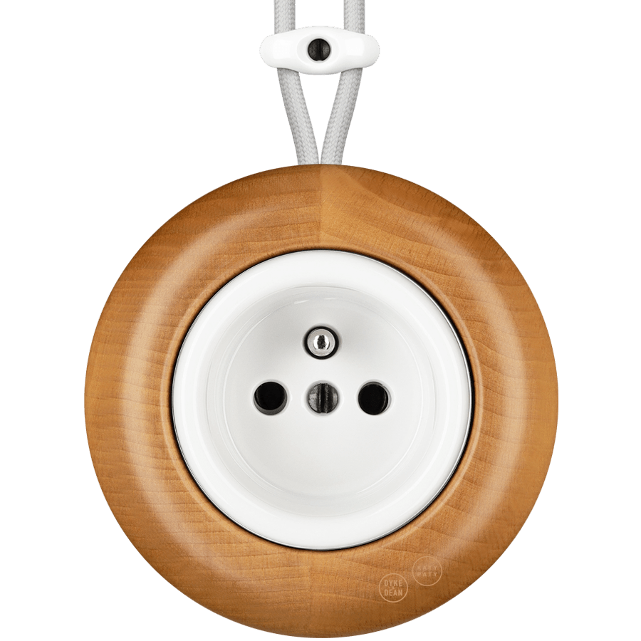 WOODEN PORCELAIN SURFACE MOUNTED FAGUS EURO PIN SOCKET - DYKE & DEAN