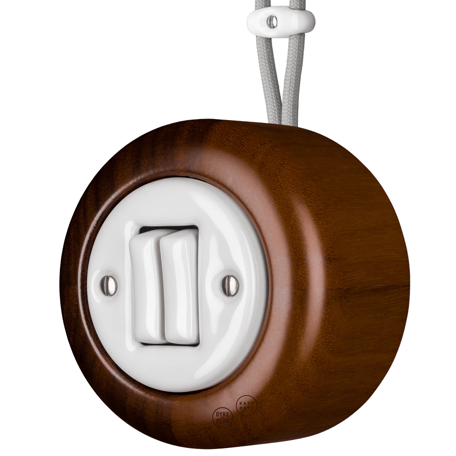 WOODEN PORCELAIN SURFACE MOUNTED NUC MAG DOUBLE SLIM BUTTON SWITCH - DYKE & DEAN