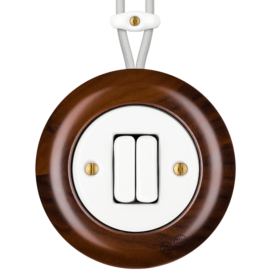 WOODEN PORCELAIN SURFACE MOUNTED NUC MAG DOUBLE SLIM BUTTON SWITCH - DYKE & DEAN