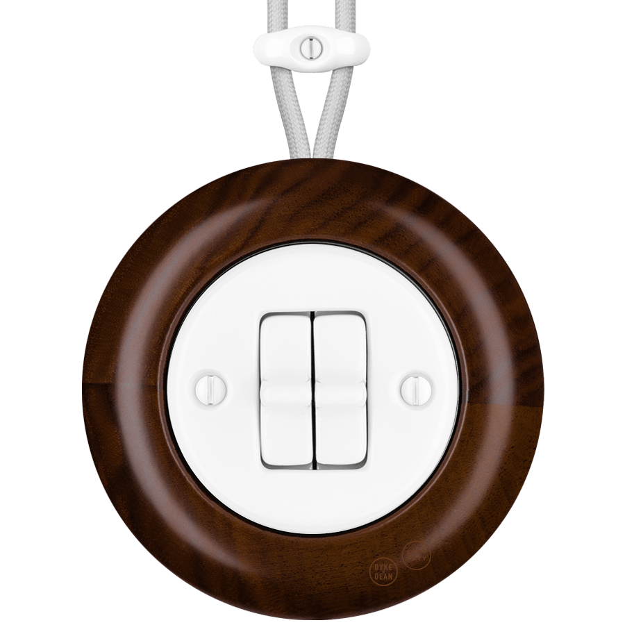 WOODEN PORCELAIN SURFACE MOUNTED NUCLEUS DOUBLE TOGGLE SWITCH - DYKE & DEAN