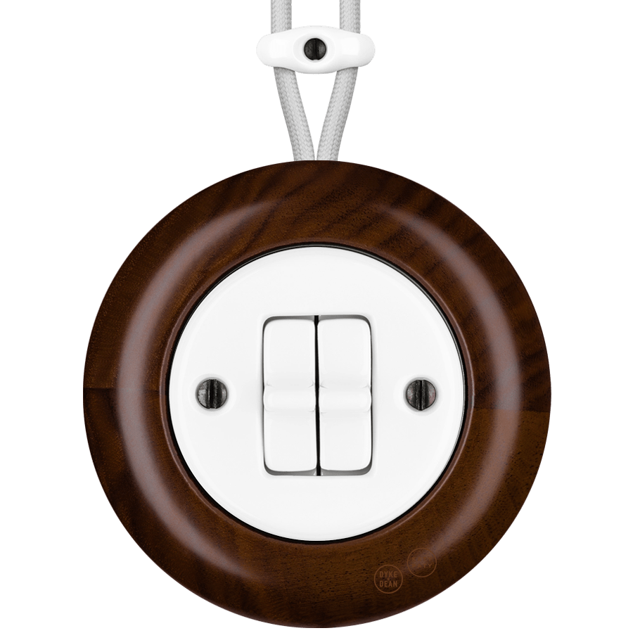 WOODEN PORCELAIN SURFACE MOUNTED NUCLEUS DOUBLE TOGGLE SWITCH - DYKE & DEAN