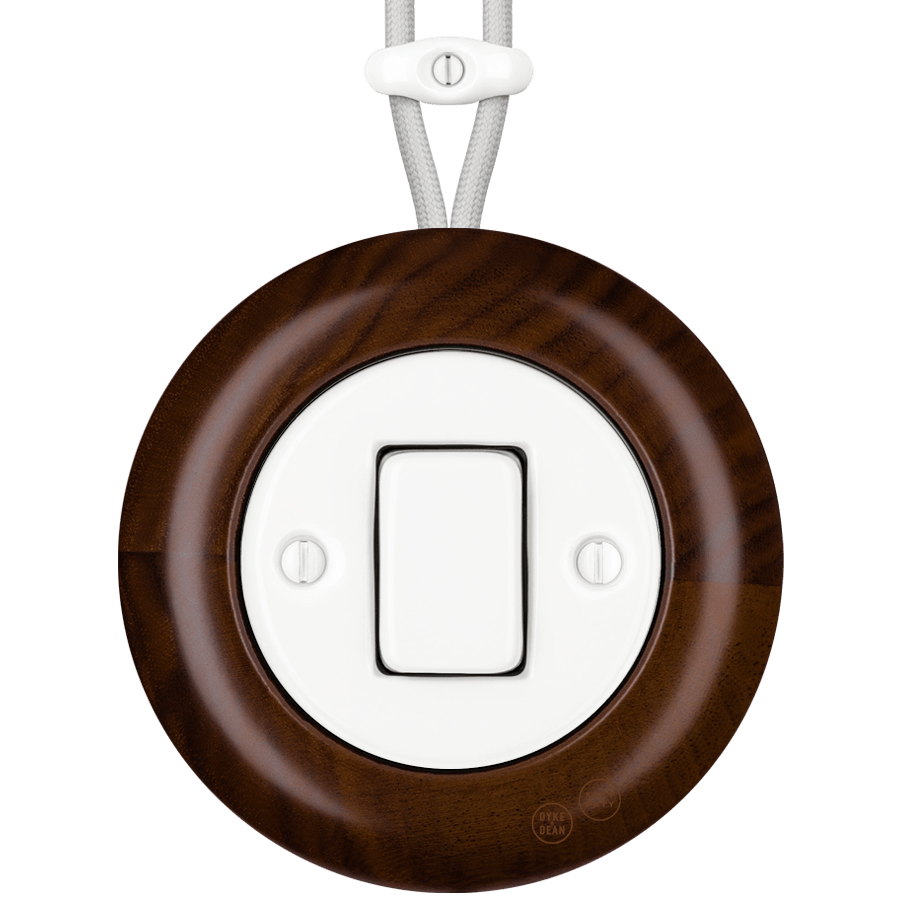 WOODEN PORCELAIN SURFACE MOUNTED NUCLEUS FAT BUTTON SWITCH - DYKE & DEAN