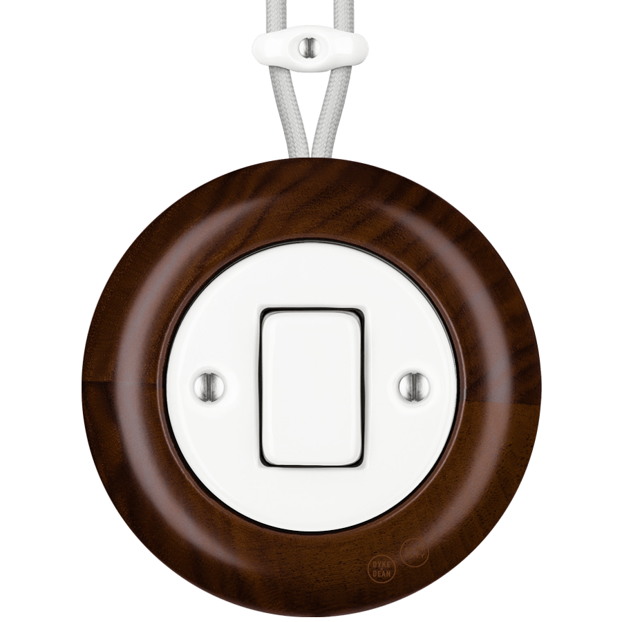 WOODEN PORCELAIN SURFACE MOUNTED NUCLEUS FAT BUTTON SWITCH - DYKE & DEAN