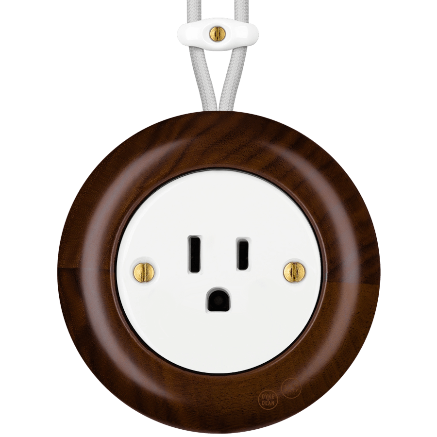 WOODEN PORCELAIN SURFACE MOUNTED NUCLEUS SOCKET USA 15AMP - DYKE & DEAN