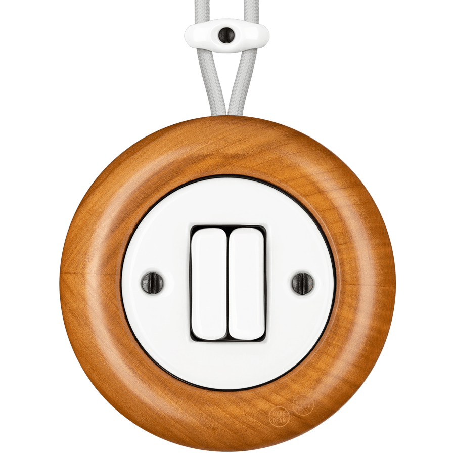 WOODEN PORCELAIN SURFACE MOUNTED PADELUS DOUBLE SLIM BUTTON SWITCH - DYKE & DEAN