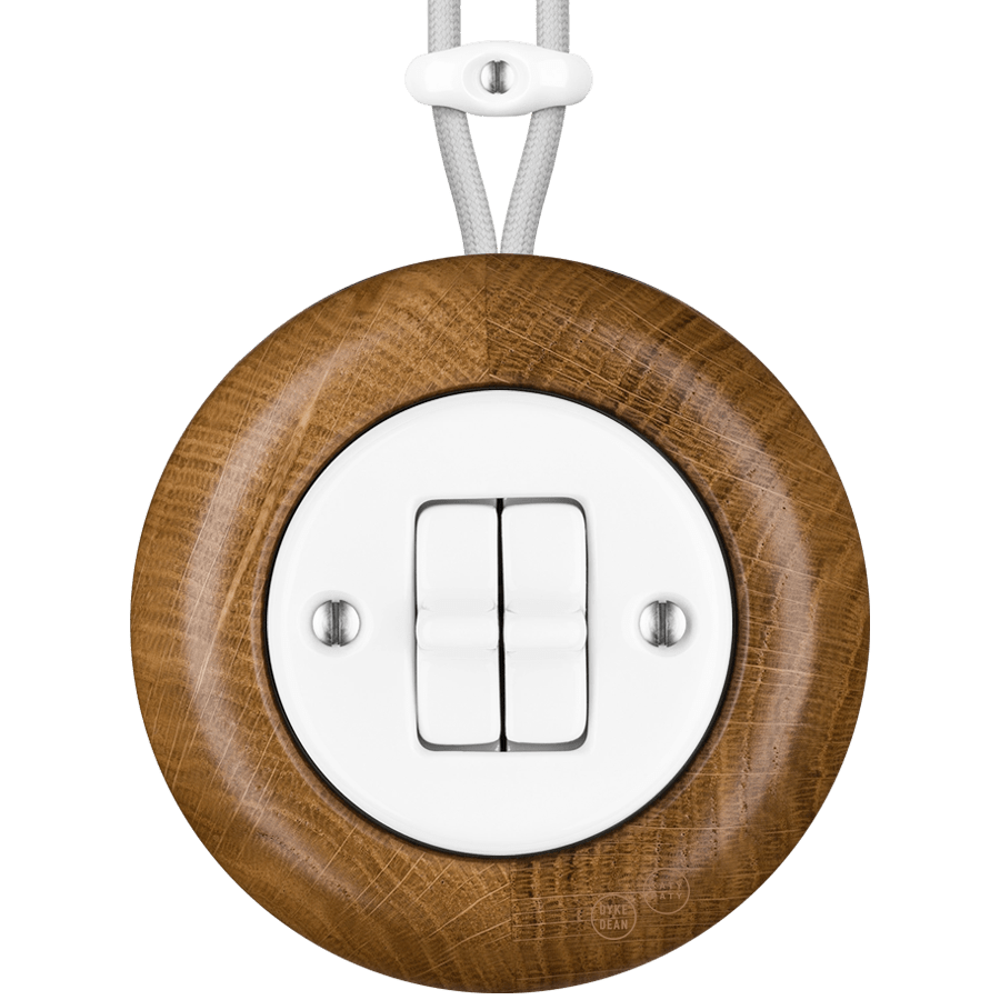 WOODEN PORCELAIN SURFACE MOUNTED ROBUS DOUBLE TOGGLE SWITCH - DYKE & DEAN
