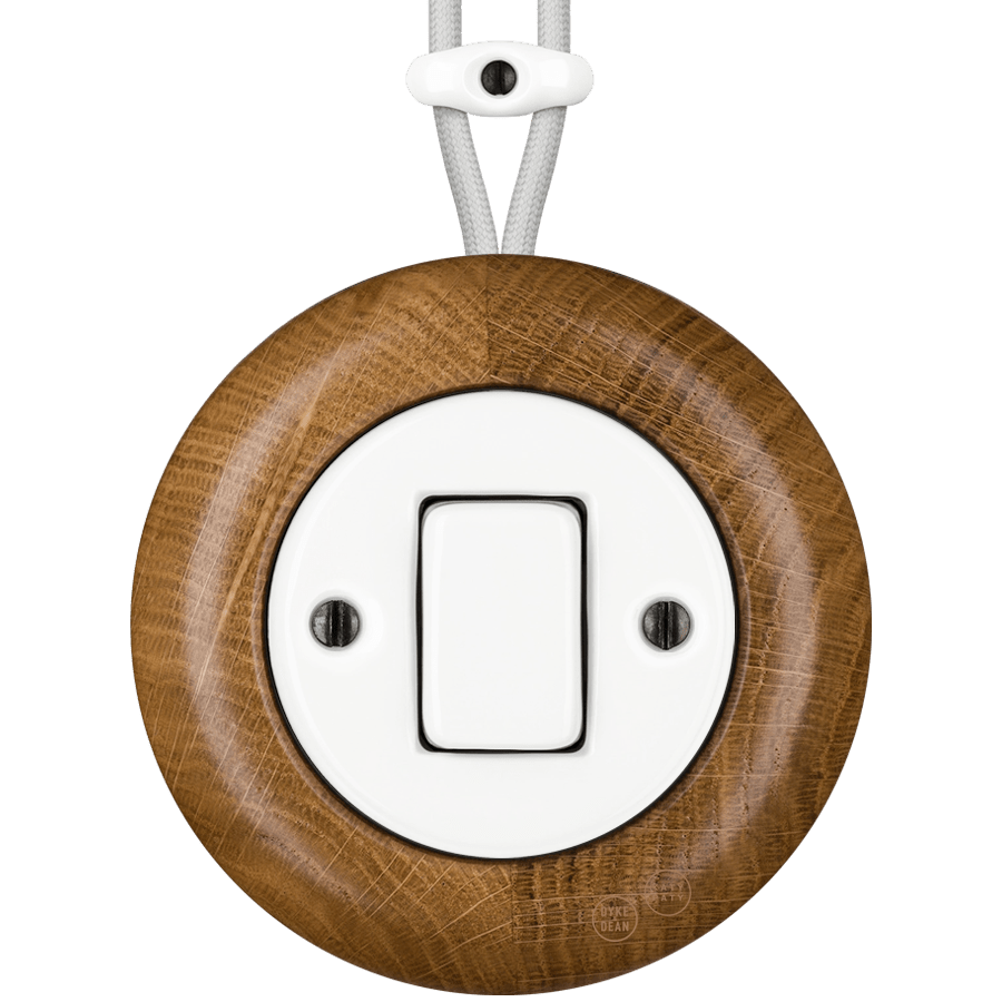 WOODEN PORCELAIN SURFACE MOUNTED ROBUS FAT BUTTON SWITCH - DYKE & DEAN