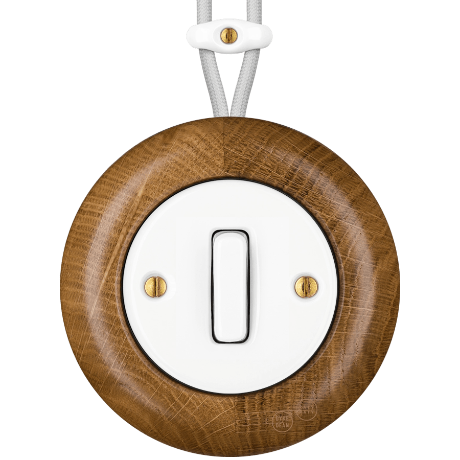 WOODEN PORCELAIN SURFACE MOUNTED ROBUS SLIM BUTTON SWITCH - DYKE & DEAN