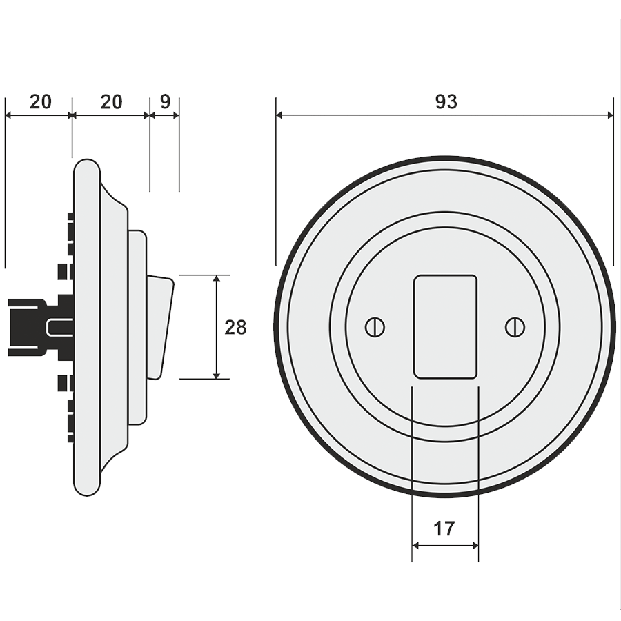PORCELAIN WALL LIGHT SWITCH BLACK FAT BUTTON - DYKE & DEAN
